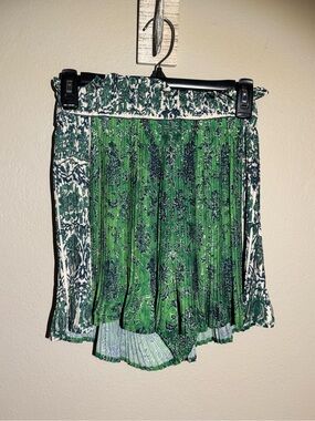Green Patterned Pleated Mini Shorts